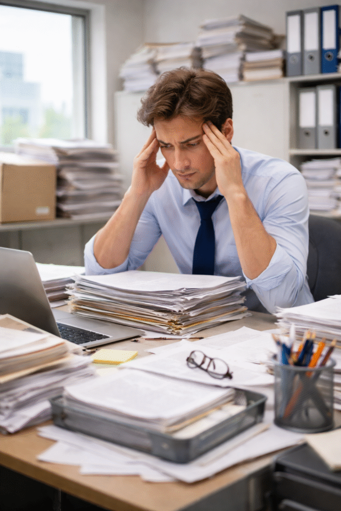 Overwhelmed office worker surrounded by paperwork and administrative backlog