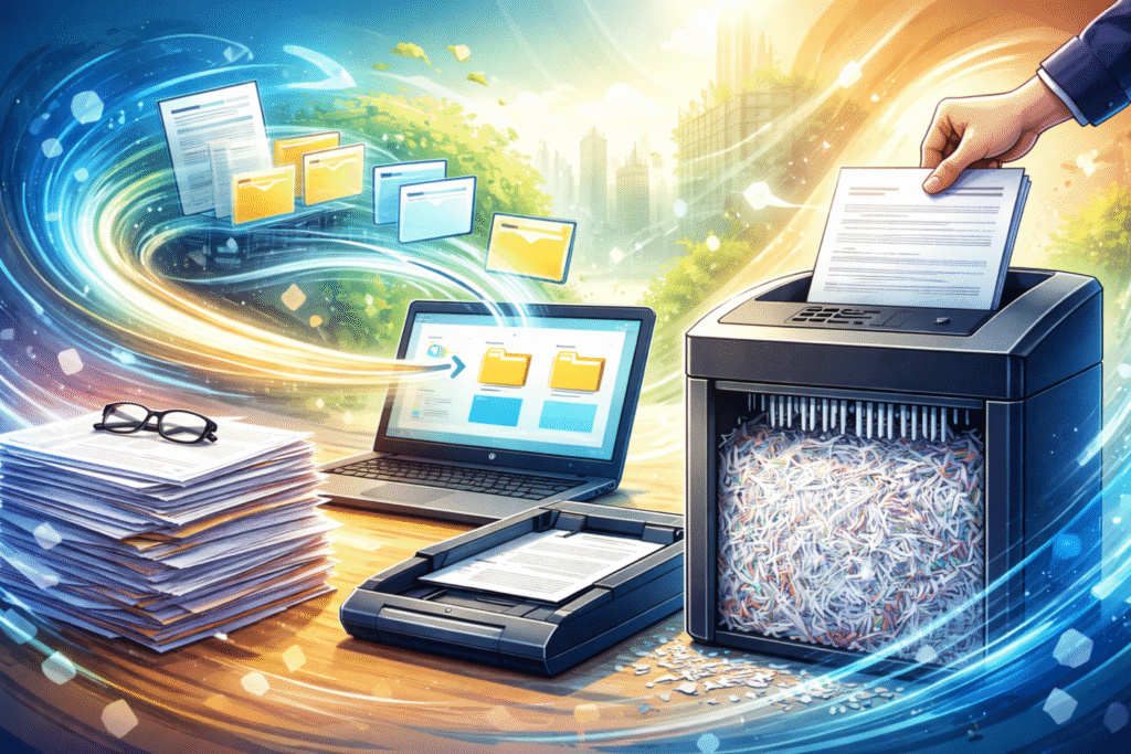 Paper documents being digitised into folders with shredding of physical files